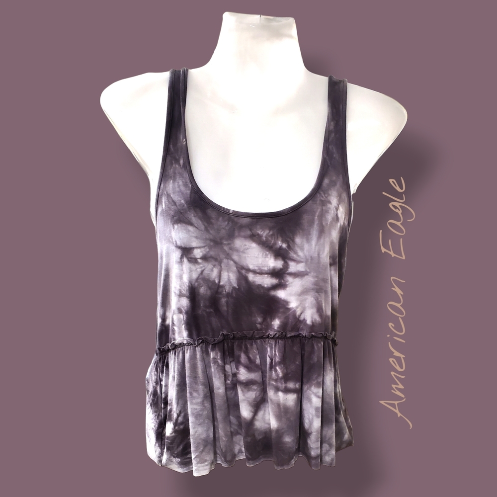 American Eagle Outfitters Grey & Black Tie-Dye Peplum Tank Top